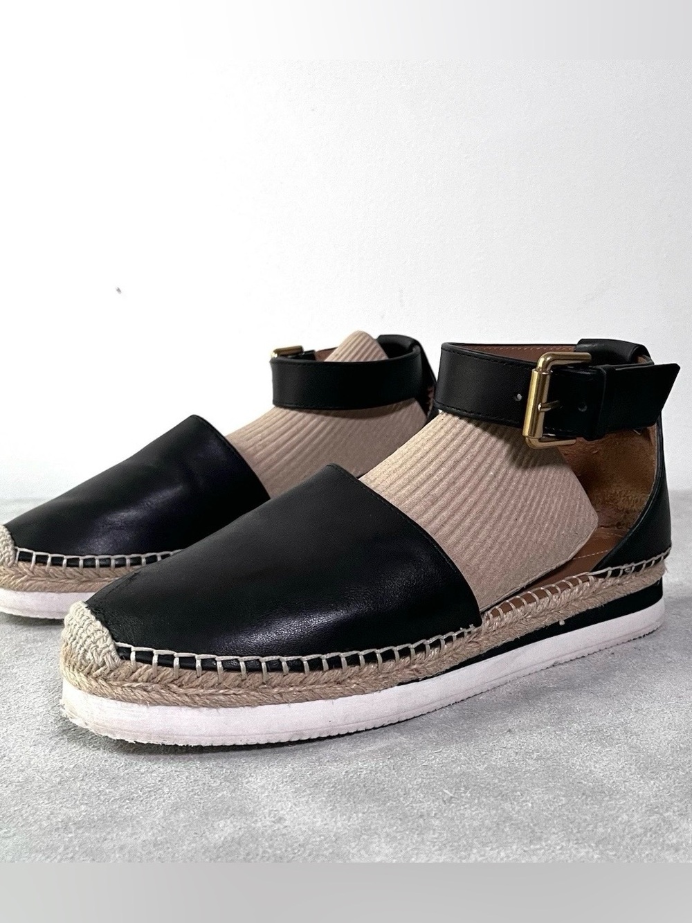 See By Chloe Glyn Espadrille Sandals Size 39 US8.5 Black Leather Ankle Strap
